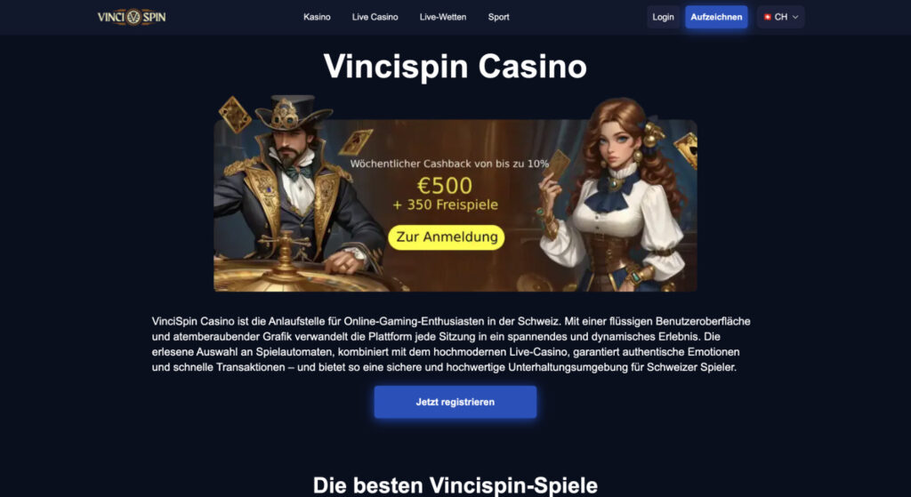 Vinci Spin Casino Homepage