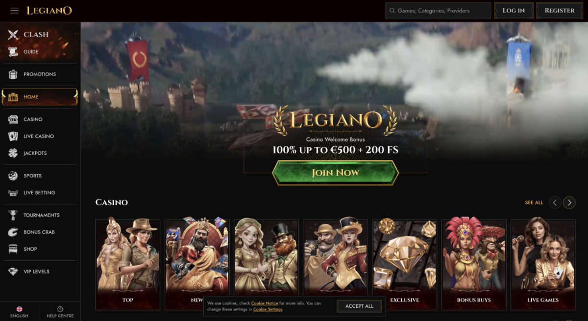 Schermata principale del sito web di Legiano casino, che mostra la selezione di giochi e promozioni