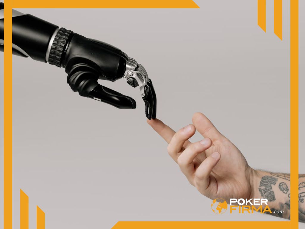 Roboterhand und menschliche Hand berühren sich.