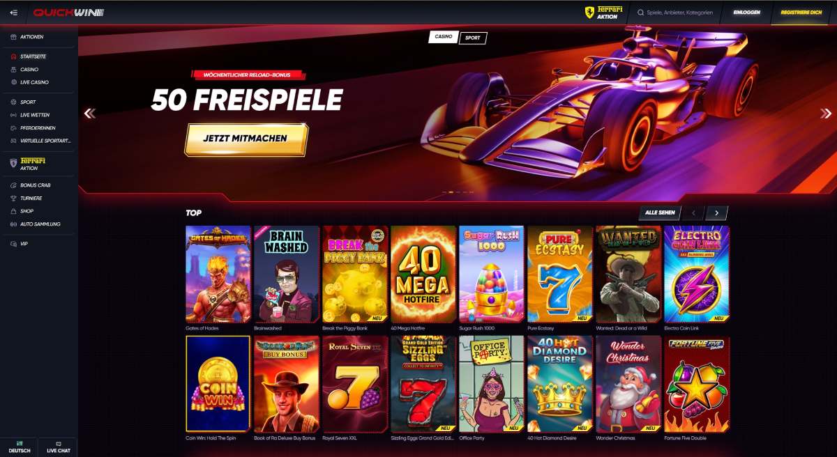 Screenshot der Quickwin Casino Website mit Spielauswahl und Bonusangeboten