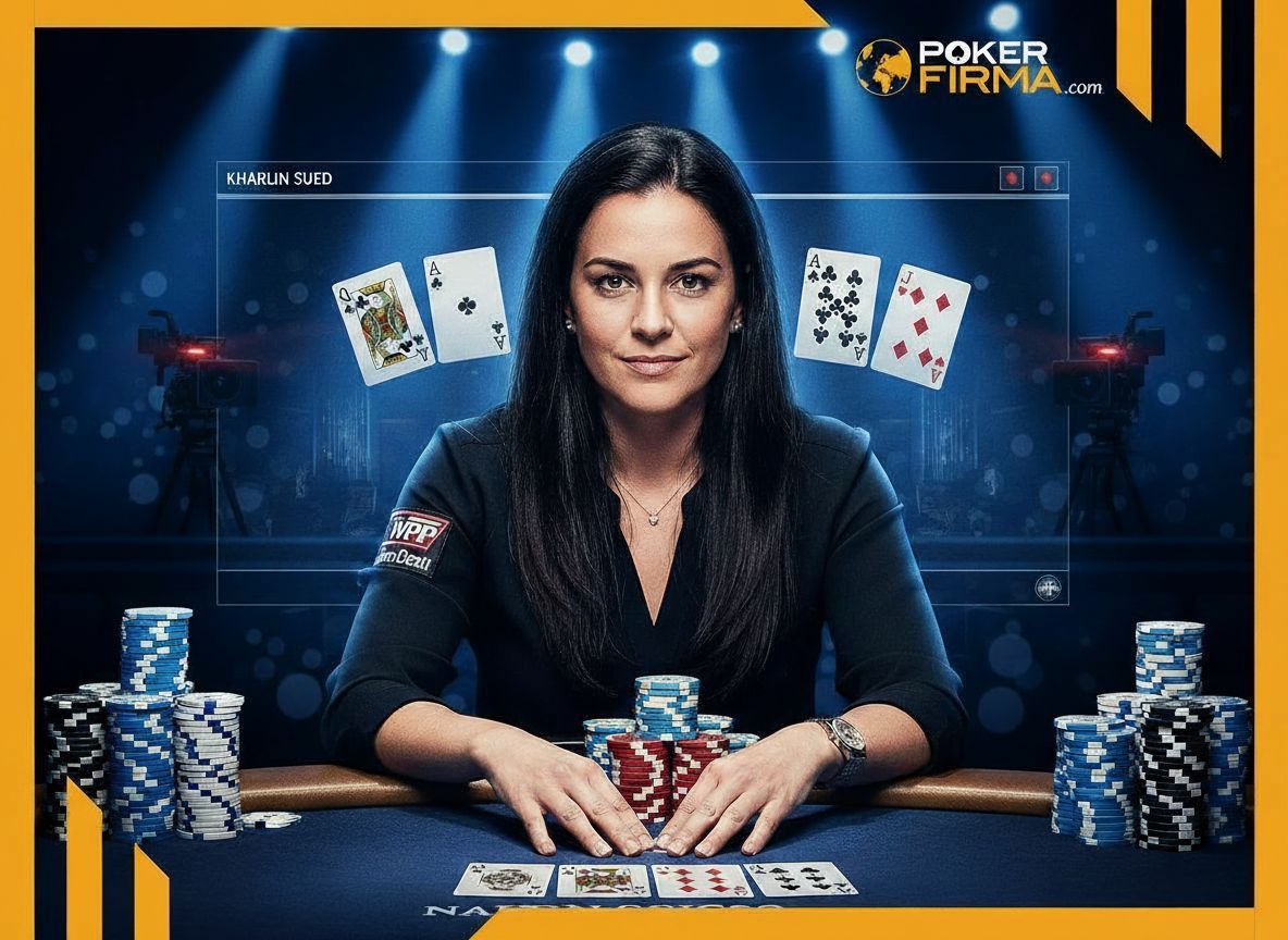 Kharlin Sued sitzt in einer dramatisch beleuchteten Pokerszene an einem Finaltisch.