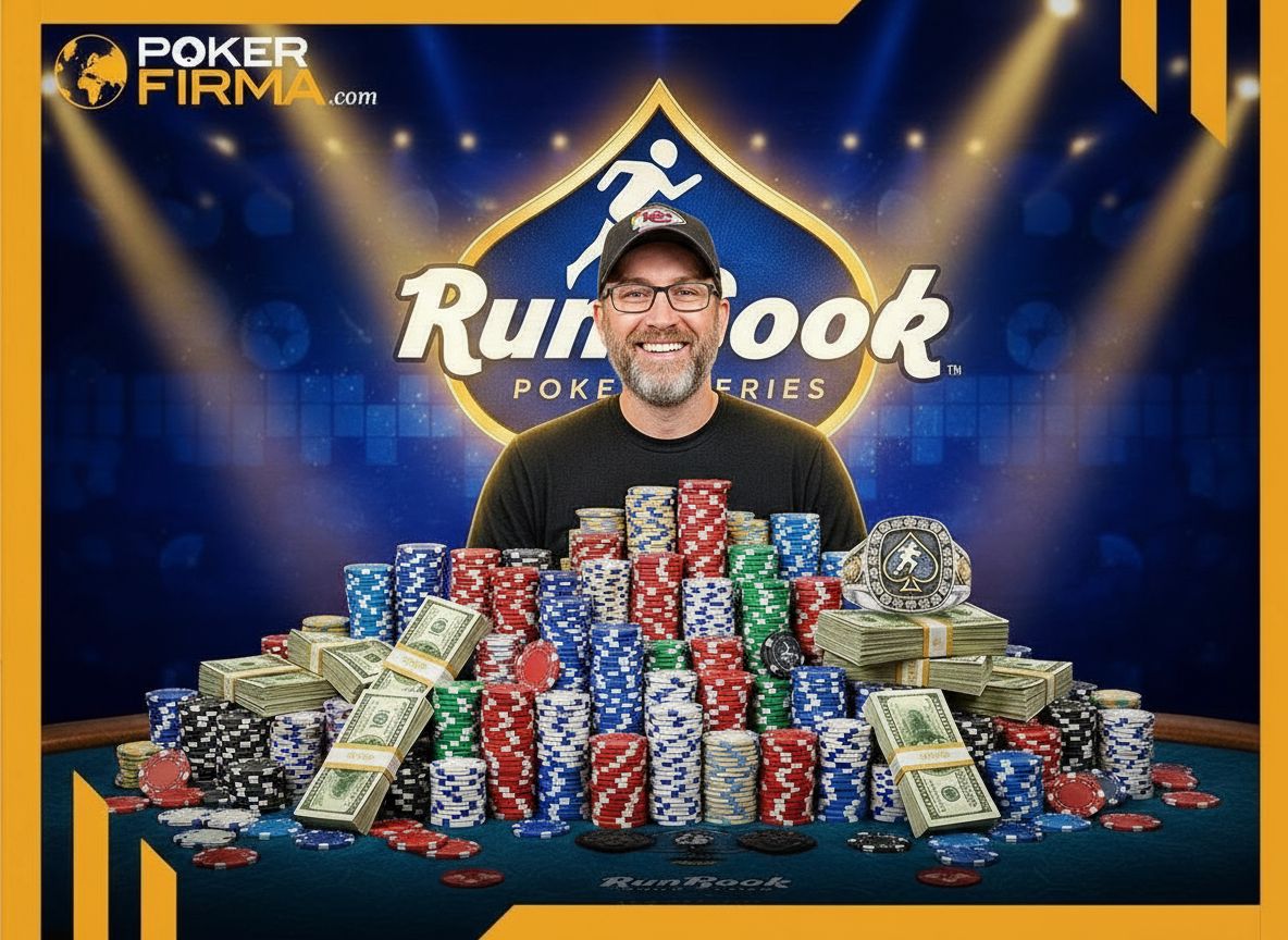 Nicholas Burris steht lächelnd an einem Pokertisch voller Chips und Geld in einer Siegerszene.