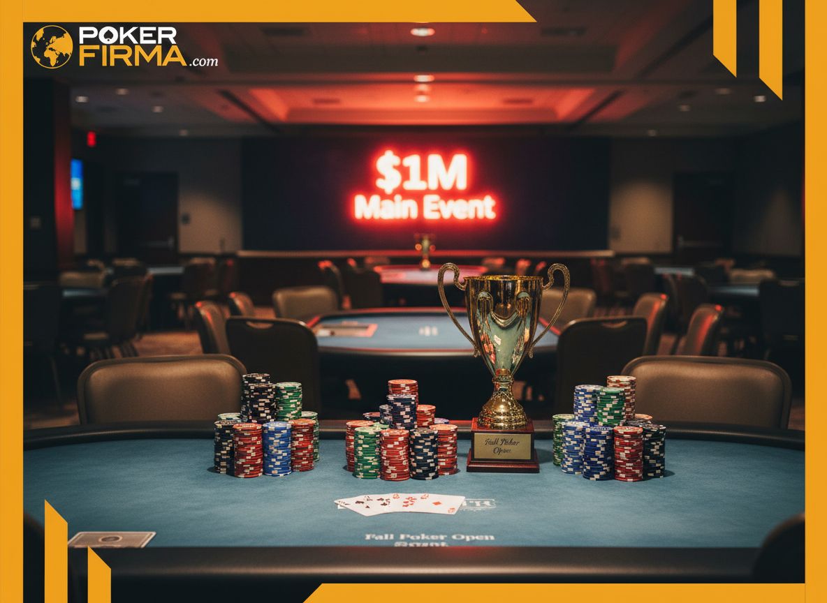 Atmosphärisch beleuchteter Pokersaal mit leerem Finaltisch, hohen Chipstapeln, Spielkarten und goldener Trophäe.