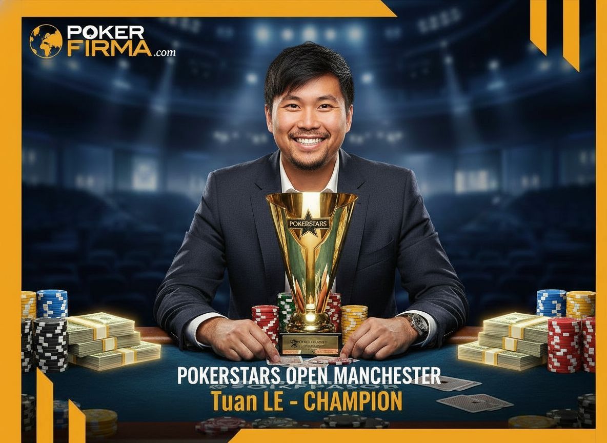 Tuan Le sitzt in einer stilisierten Pokerszene vor der Siegestrophäe.