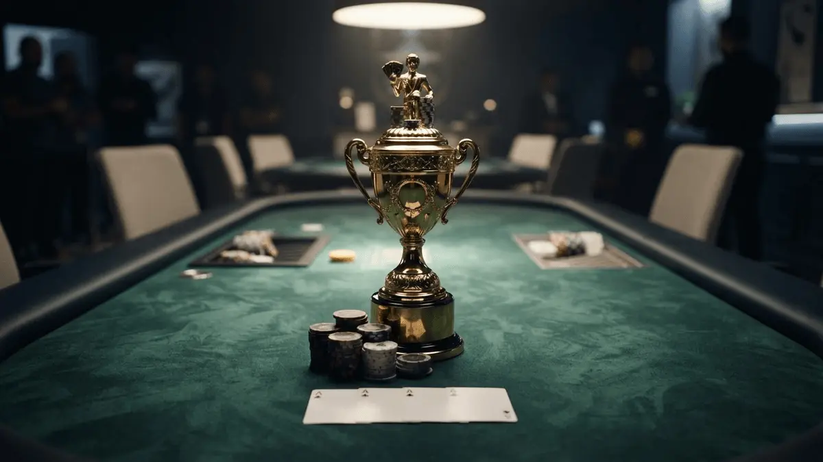 Goldener Pokertrophäe und Chips auf dem Tisch nach dem PLO-Championship-Sieg