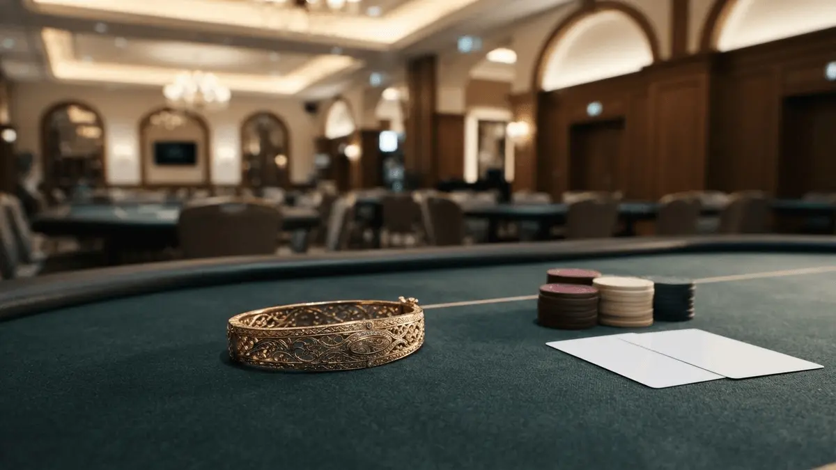 Goldenes Pokerarmband auf einem Turniertisch in einem stilvollen Prager Casino