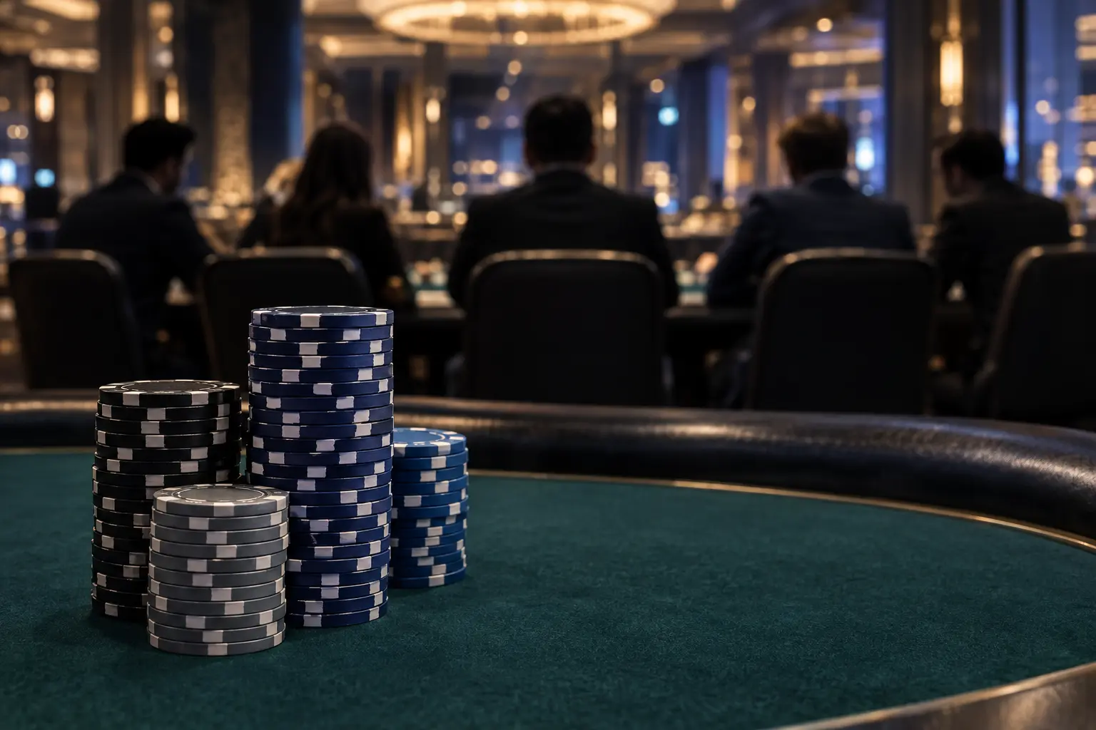Hoher Pokerchipstapel am Finaltisch eines internationalen High-Roller-Turniers
