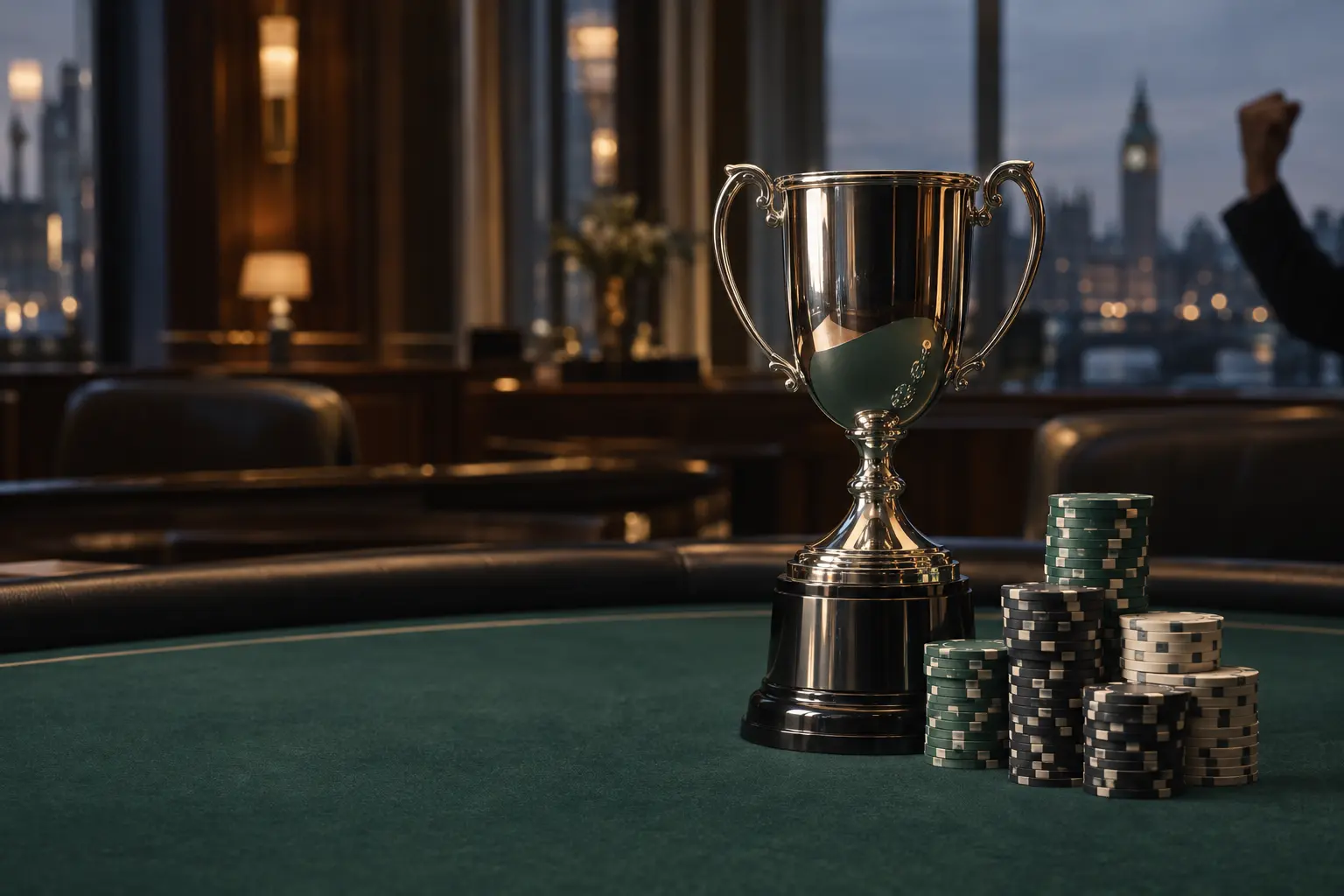 Poker-Trophäe und Chipstapel bei einem Live-Turnier in einem Londoner Casino
