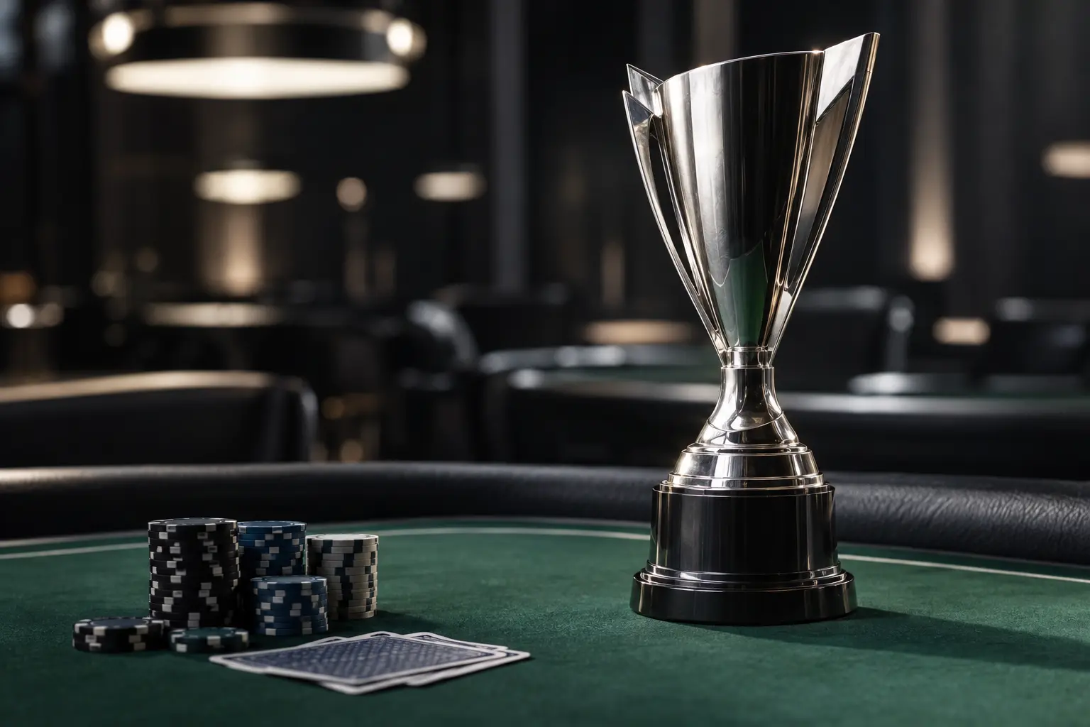 Silberne Poker-Trophäe auf einem Turniertisch mit Chips und Karten im Hintergrund