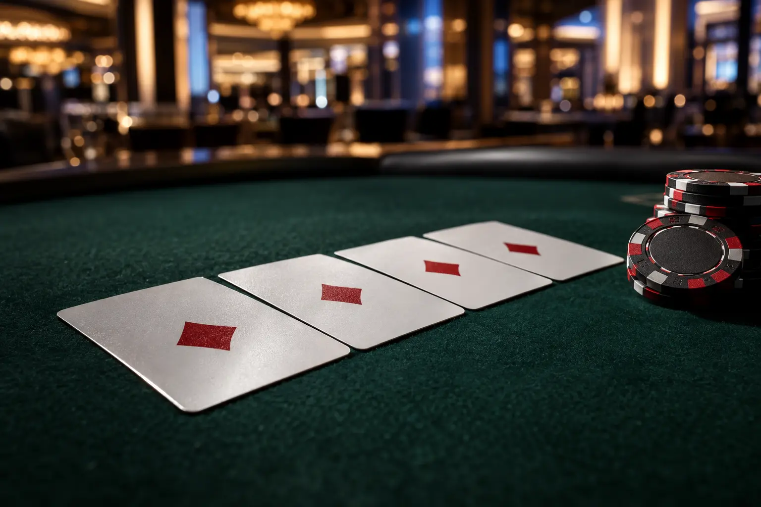 Pokerkarten und Chips auf dem Pokertisch symbolisieren den entscheidenden Flush auf dem River.