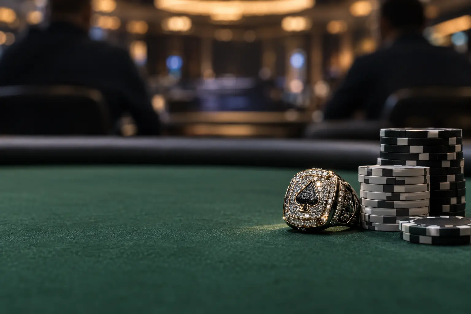 Championship-Ring und Pokerchips auf dem Finaltisch nach Mike Hurleys Heimsieg