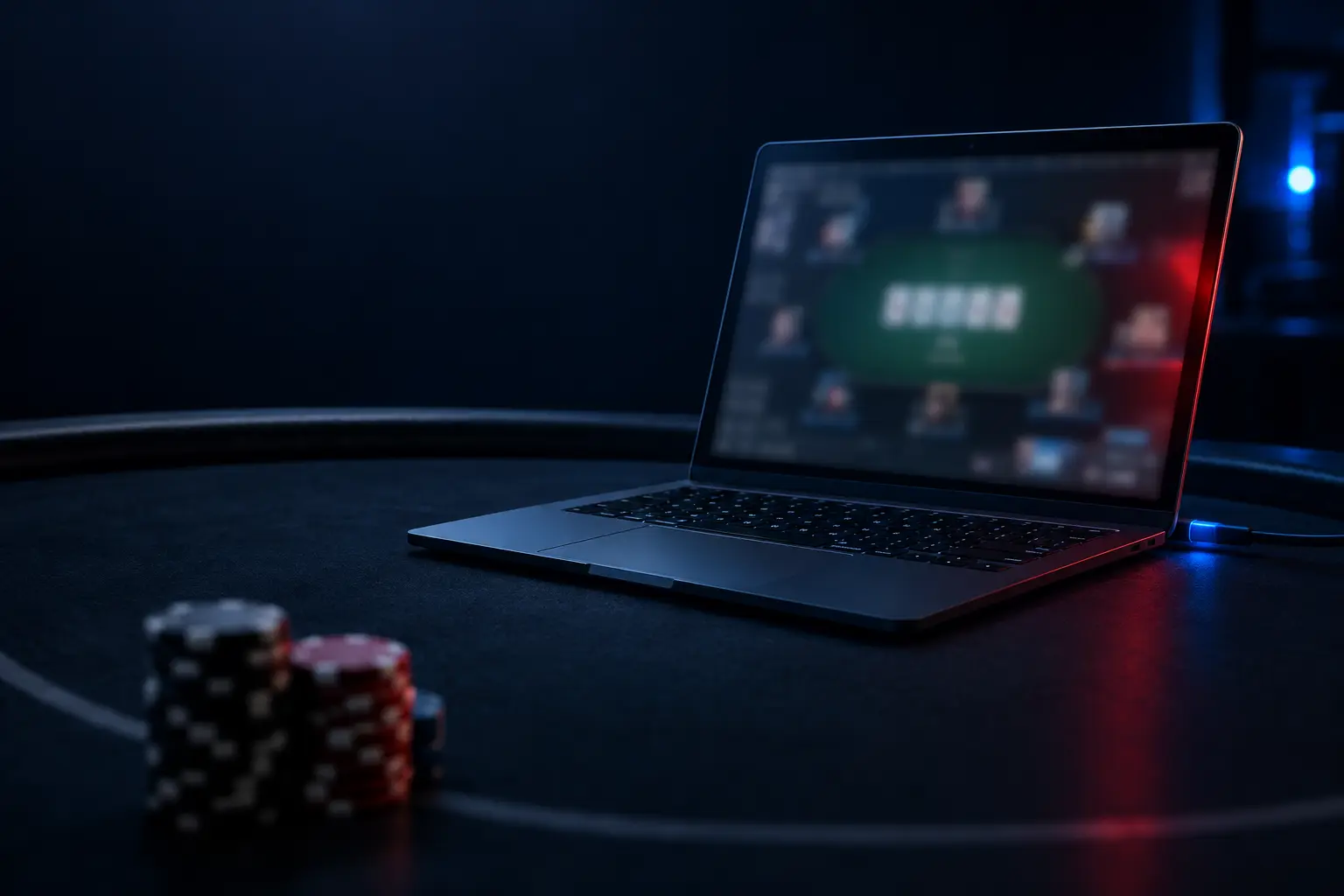 Laptop und Pokerchips als Symbol für einen Cyberangriff auf Poker-Software