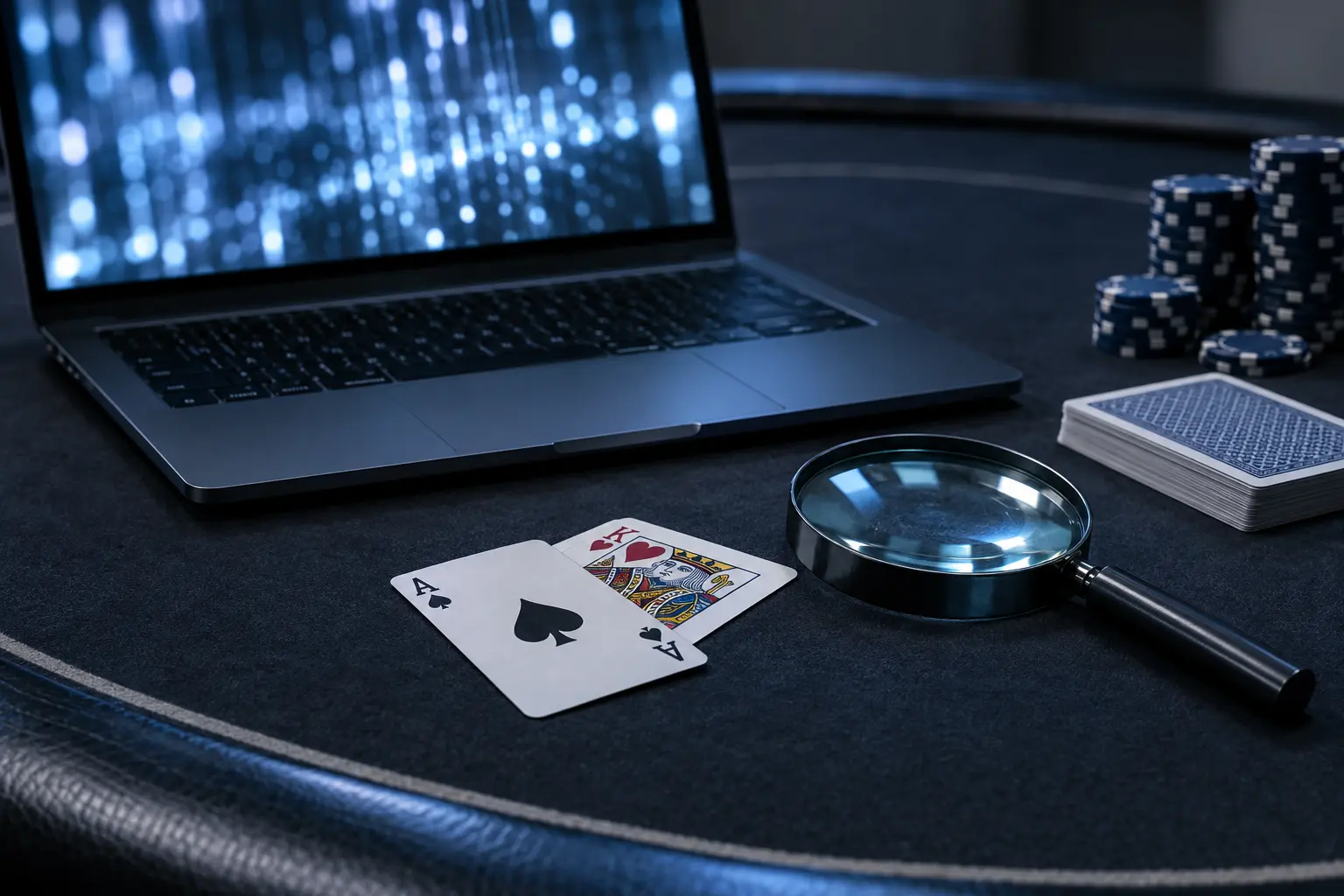 Laptop, Pokerkarten und Lupe symbolisieren die forensische Prüfung verdächtiger Online-Pokerhände.