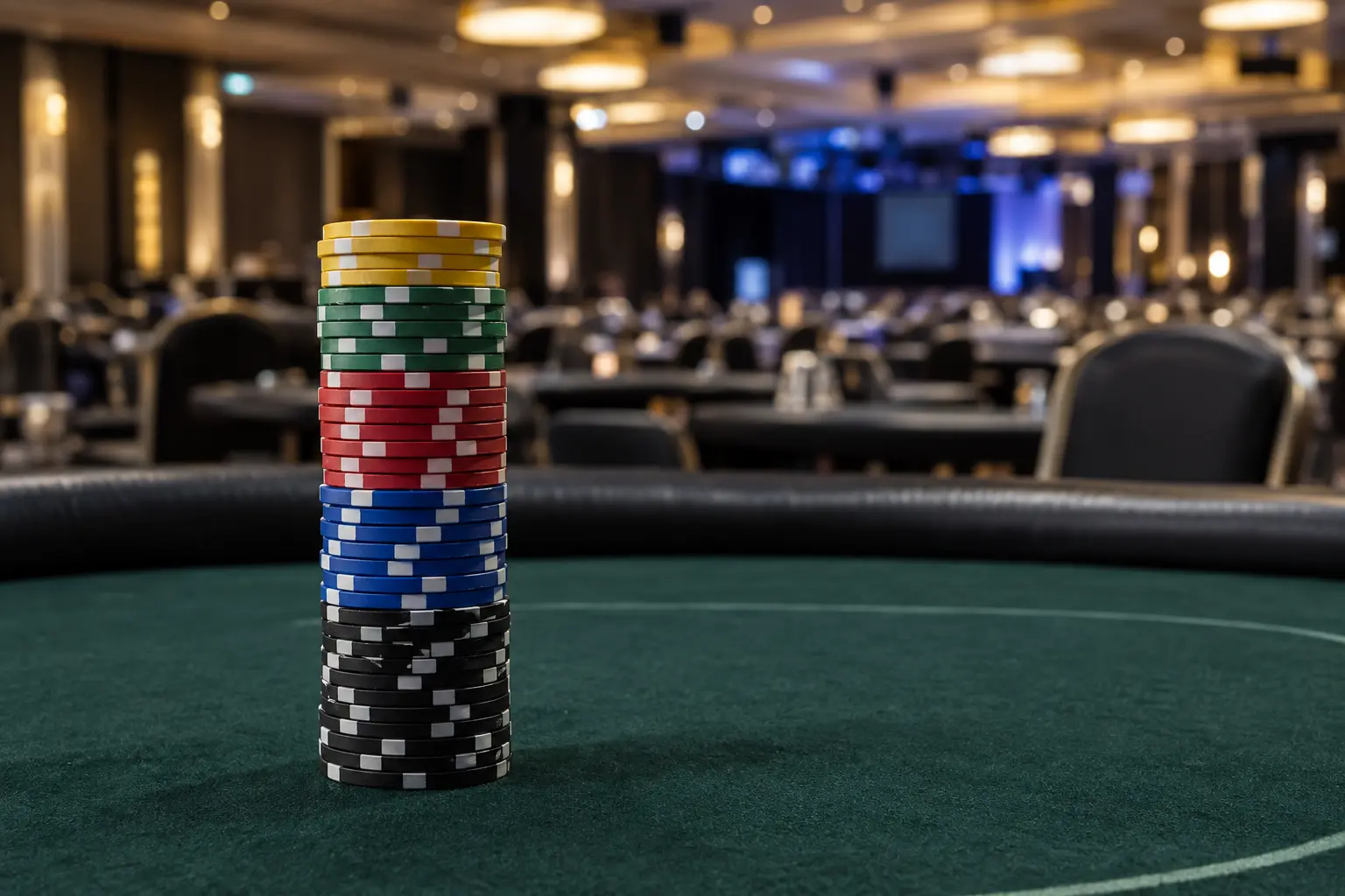 Poker tournament chip stack in focus at a casino table, symbolizing the early lead at the German Poker Days.